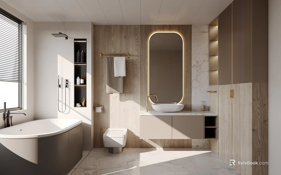 Modern Bathroom Interior With Bathtub Toilet Vanity Sink Golden Frame Mirror And Wooden Panels 3d model 