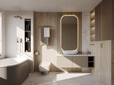Modern Bathroom Interior With Bathtub Toilet Vanity Sink Golden Frame Mirror And Wooden Panels 3d model