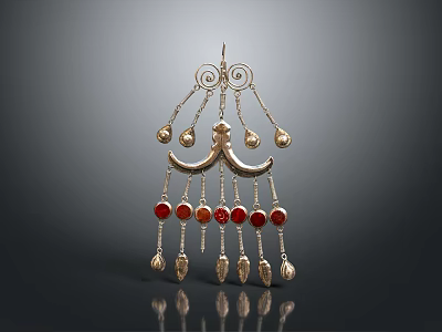 Elegant Golden Pendant With Red Beads And Multiple Hanging Decorative Elements 3d model