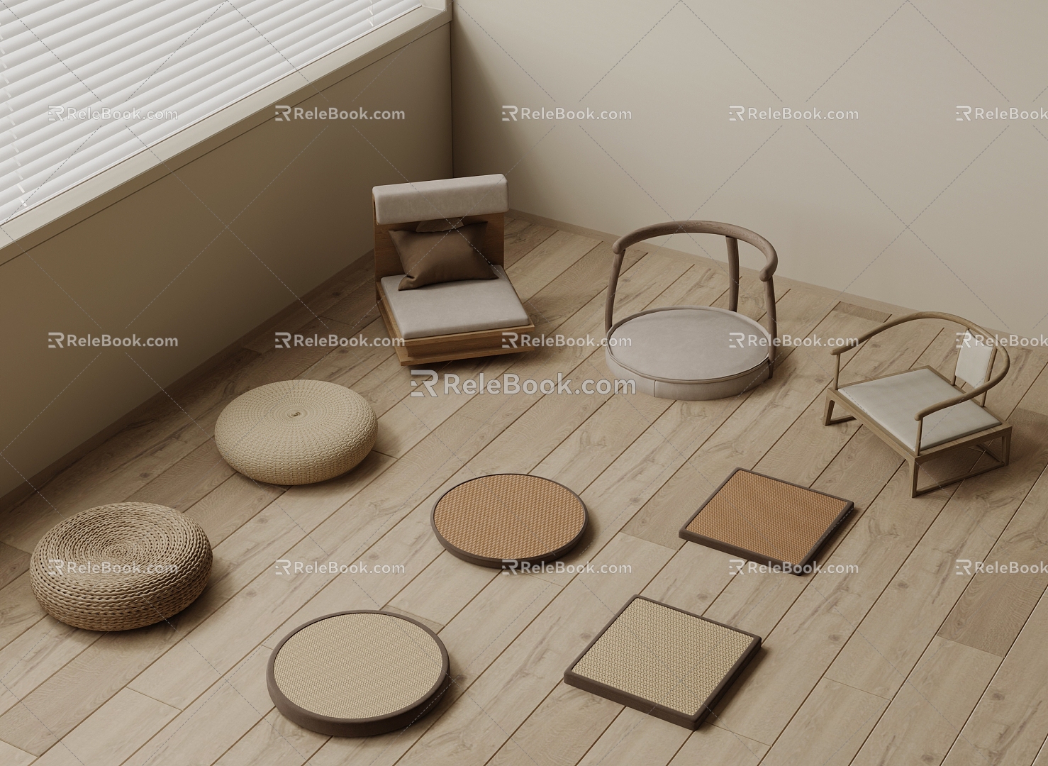 Tea Chair Tea Stool and Room Chair Cushion 3d model