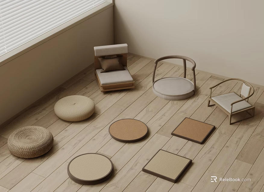 Various Design Single Chairs With Round Square Cushions On Indoor Wooden Floor 3d model 