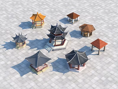 Traditional Chinese Pavilions With Various Styles And Black Brown Orange Roofs 3d model