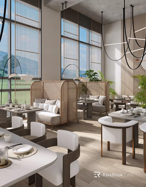Modern Restaurant Interior With Rattan Screens Sofa Seats Large Windows And Green Plants 3d model 