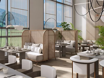 Modern Restaurant Interior With Rattan Screens Sofa Seats Large Windows And Green Plants 3d model
