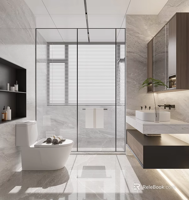 Modern Bathroom Interior With Glass Shower Blinds Marble Double Sink Vanity And Wooden Cabinet 3d model 