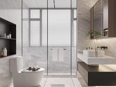 Modern Bathroom Interior With Glass Shower Blinds Marble Double Sink Vanity And Wooden Cabinet 3d model