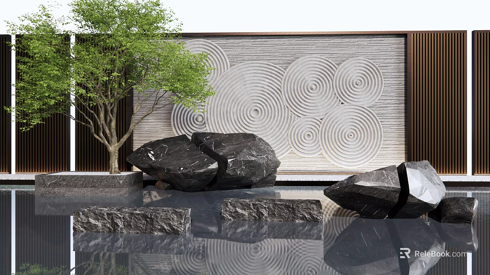 Modern Landscape Feature Wall With Spiral Patterns Stones Water Pool And Tree 3d model
