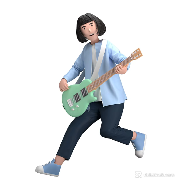 Woman Playing Green Electric Guitar While Jumping In Blue Shirt Dark Pants And Sneakers 3d model 