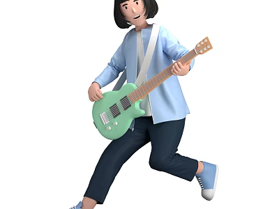 Woman Playing Green Electric Guitar While Jumping In Blue Shirt Dark Pants And Sneakers 3d model