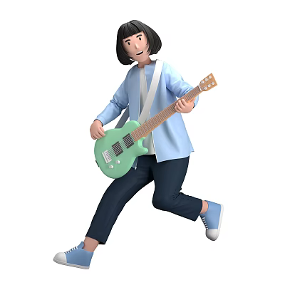 Woman Playing Green Electric Guitar While Jumping In Blue Shirt Dark Pants And Sneakers 3d model