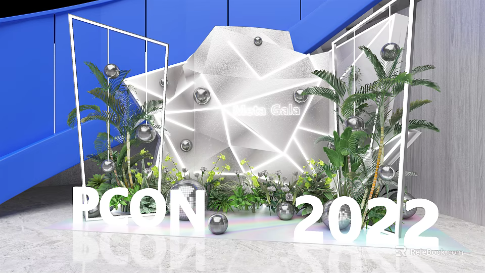 Moon Sea White Geometric Wall With Green Plants Silver Spheres On Blue Background POON 2022 3d model 