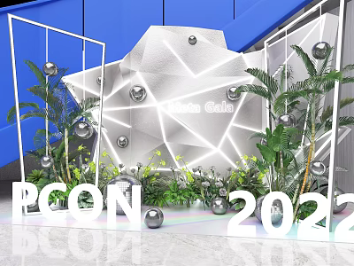 Moon Sea White Geometric Wall With Green Plants Silver Spheres On Blue Background POON 2022 3d model