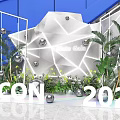 Moon Sea White Geometric Wall With Green Plants Silver Spheres On Blue Background POON 2022