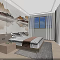 Modern Hotel Guest Room Interior With White Sofa Coffee Table TV Cabinet And Decorative Painting