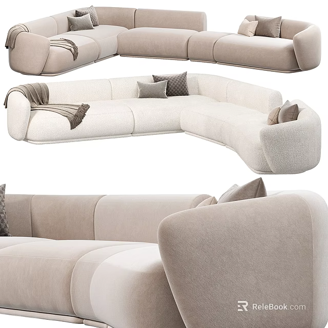 Modern Beige Fabric Sectional Sofa With Plush Cushions And Throw Blanket 3d model 
