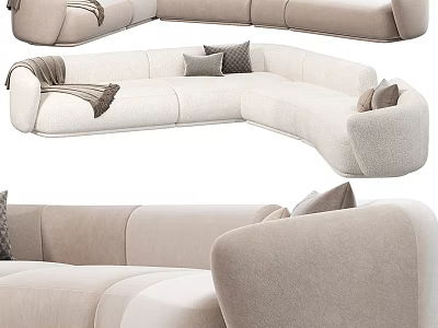 Modern Beige Fabric Sectional Sofa With Plush Cushions And Throw Blanket 3d model