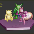 Three Yellow Game and Movie Action Figures Standing Squatting with Backpack on Pink Reflective Platform