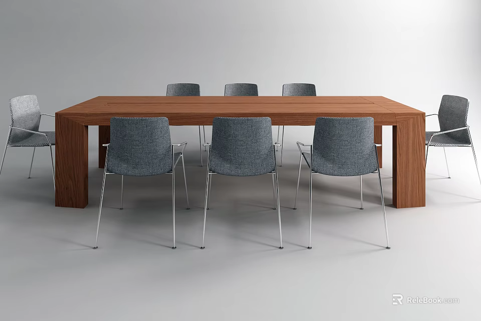 Modern Wooden Conference Table With Gray Fabric Chairs And Metal Legs Design 3d model 