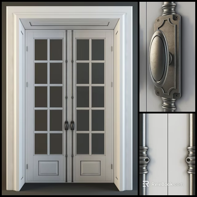 Classic Double Doors With Glass Panels And Metal Hardware Accents 3d model