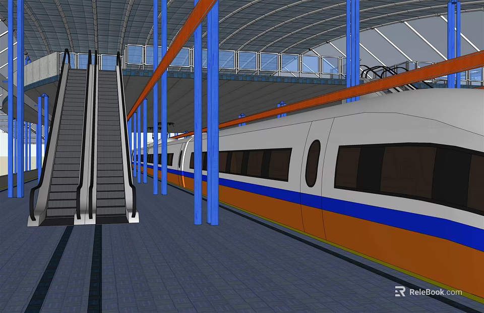 Modern Train Station Platform With Escalator High Speed Train Blue Pillars And Transparent Roof 3d model 