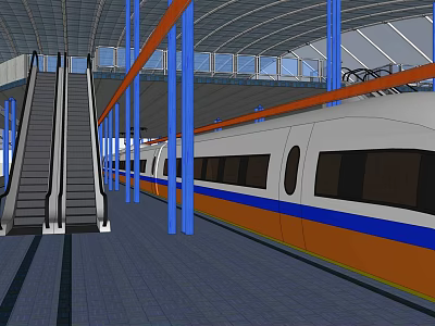 Modern Train Station Platform With Escalator High Speed Train Blue Pillars And Transparent Roof 3d model
