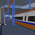 Modern Train Station Platform With Escalator High Speed Train Blue Pillars And Transparent Roof
