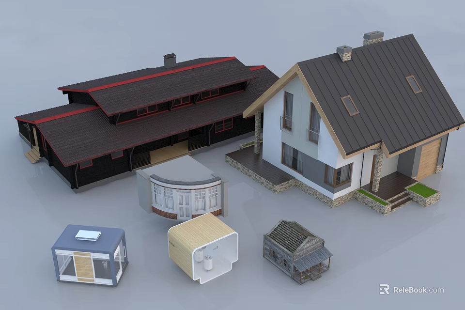 Different Styles Detached House Architectural Models With Varied Roof And Exterior Designs 3d model 