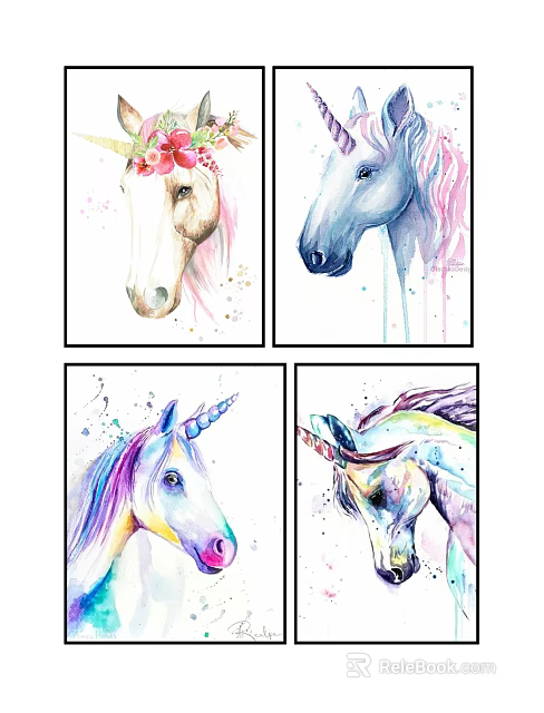 Unicorn Animal Paintings Watercolor Art with Vibrant Mane and Horn Designs for Wall Decor 3d model 