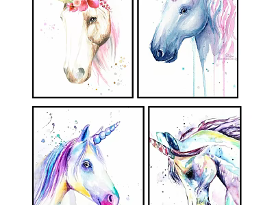 Unicorn Animal Paintings Watercolor Art with Vibrant Mane and Horn Designs for Wall Decor 3d model