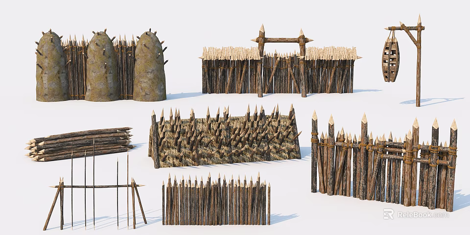 Wooden Defensive Weapons Including Spiked Fences Stakes And Barriers 3d model 