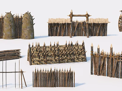 Wooden Defensive Weapons Including Spiked Fences Stakes And Barriers 3d model