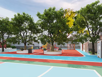 Park Landscape With Lush Green Trees Red Blue Playground Areas And White Marking Lines 3d model