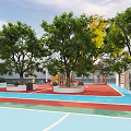 Park Landscape With Lush Green Trees Red Blue Playground Areas And White Marking Lines