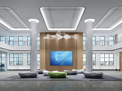 Modern Reception Area With Wooden Wall Panel Large Blue Screen White Columns And Bright Lighting 3d model