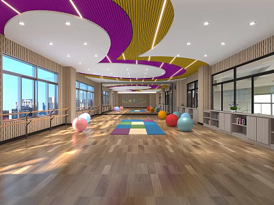 Spacious Indoor Fitness Studio With Colorful Exercise Balls Wooden Floor And Large Windows 3d model