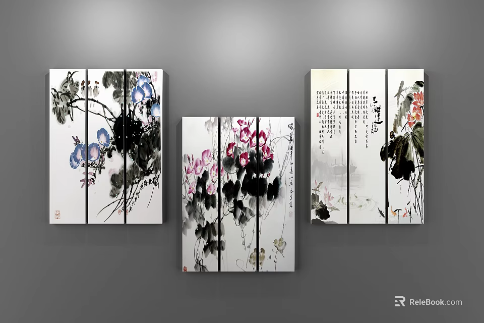 Chinese Ink Plant Paintings With Floral Artwork Traditional Brush Strokes And Colorful Blossoms 3d model 