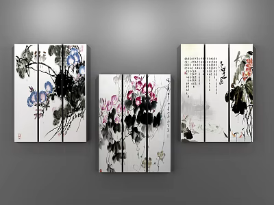 Chinese Ink Plant Paintings With Floral Artwork Traditional Brush Strokes And Colorful Blossoms 3d model