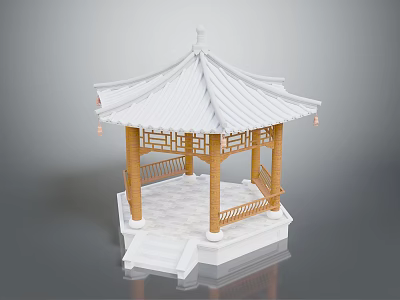 Traditional Chinese Pavilion Featuring Curved White Roof Wooden Railings And Stone Steps 3d model