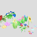 Colorful Flowering Plants With Sunflowers Pink Tulips Blue Orchids Daisies And Green Leaves