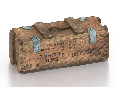 Vintage Wooden Box For 57 MM Rifle Cartridges With Metal Clasps And Handle 3d model