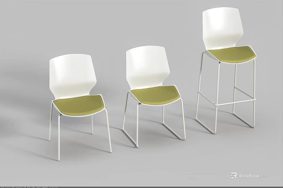 Modern Office Chairs With White Backrests Green Seats Metal Frames And Different Heights 3d model 