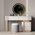 Elegant Modern Dressing Table With Round Mirror And Gold Accent Stool 3d model