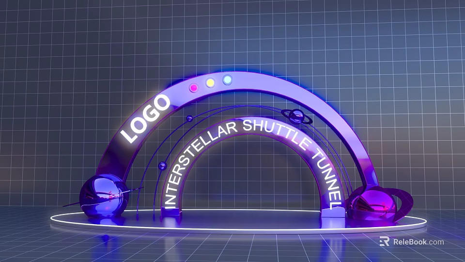 Interstellar Shuttle Tunnel Event Entrance with LOGO Violet Blue Lighting Spherical Decorations and Grid Background 3d model 