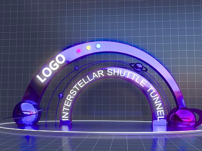 Interstellar Shuttle Tunnel Event Entrance with LOGO Violet Blue Lighting Spherical Decorations and Grid Background 3d model