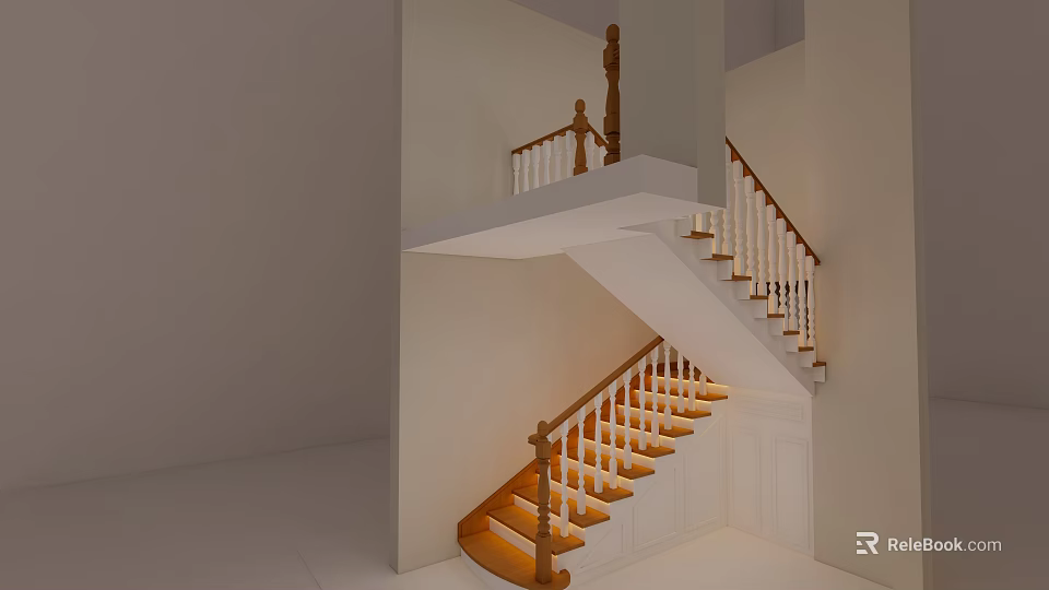 Indoor Staircase Architectural Design With Wooden Handrail White Balusters And Steps 3d model 