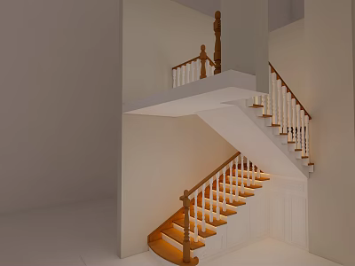 Indoor Staircase Architectural Design With Wooden Handrail White Balusters And Steps 3d model