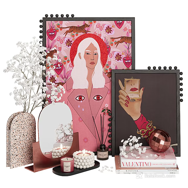 Decorative Ornaments Collection With Pink Painting White Vase Oval Mirror Candles And Valentino Box 3d model 