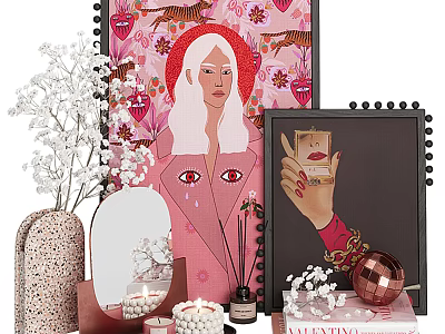 Decorative Ornaments Collection With Pink Painting White Vase Oval Mirror Candles And Valentino Box 3d model