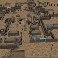 Arid Desert Military Camp With Tents Watchtowers Vehicles And Sandbag Fortifications
