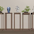 Minimalist Wooden Plant Stands With Green Plants Blue White Porcelain Vase White Sculpture Birdcage Decoration